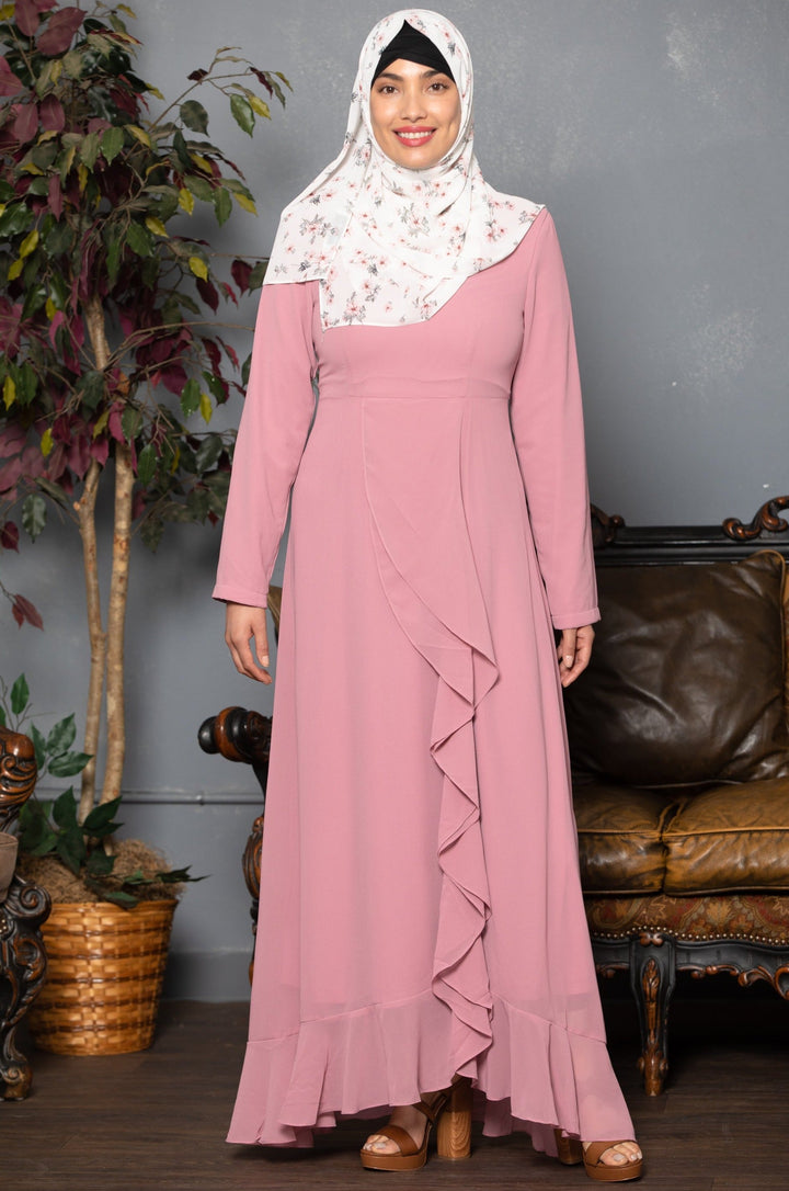 Pink Ruffle Floral Maxi Dress With Sleeves- Clearance