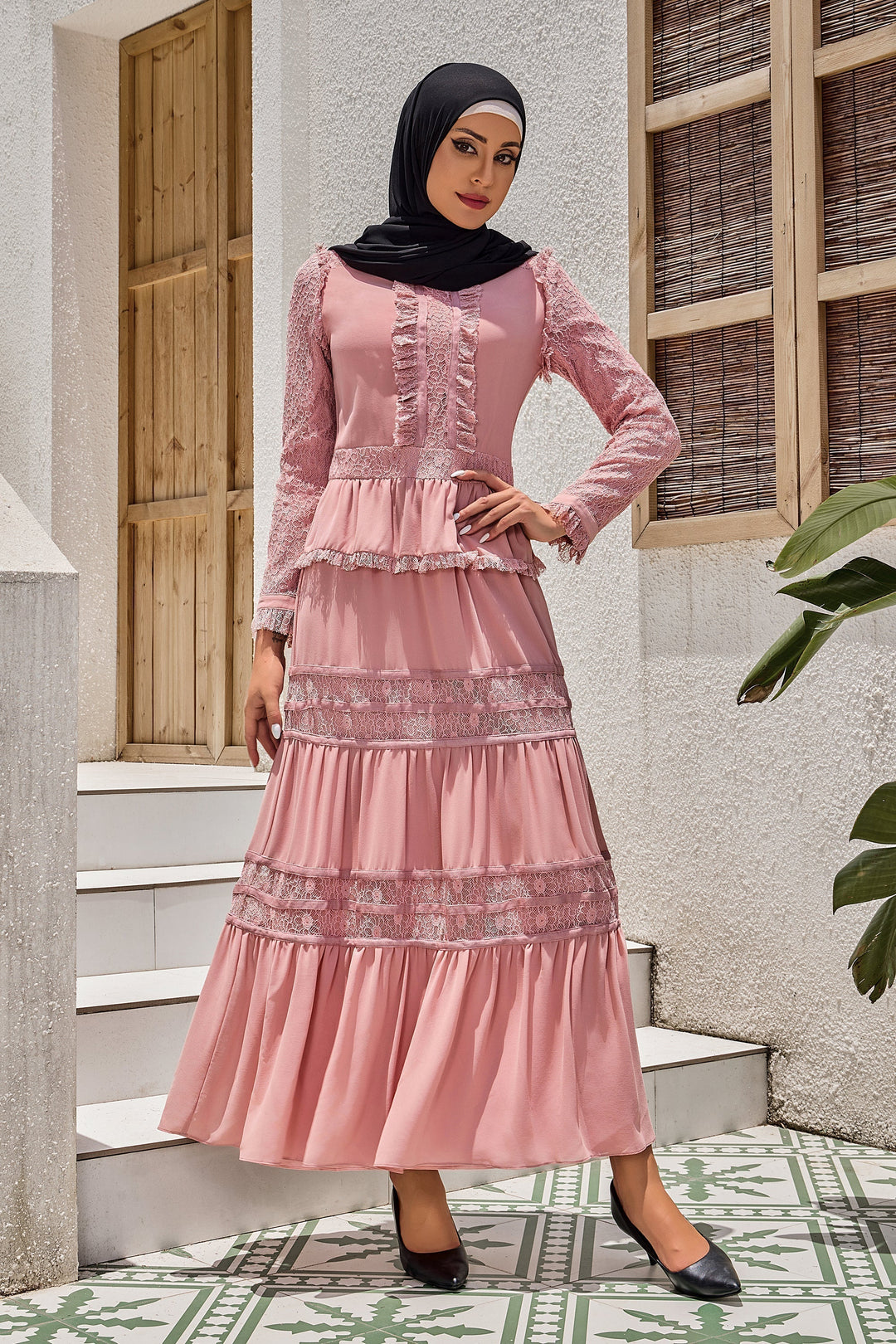 Pink Triple Tiered Lace Maxi Dress-CLEARANCE