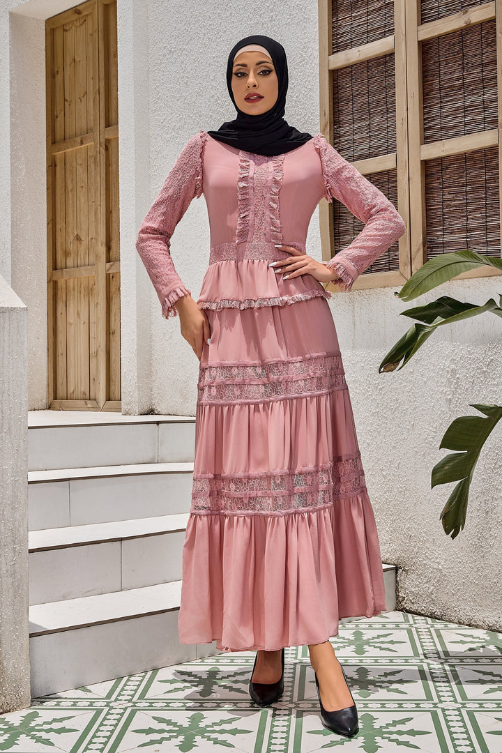 Pink Triple Tiered Lace Maxi Dress-CLEARANCE