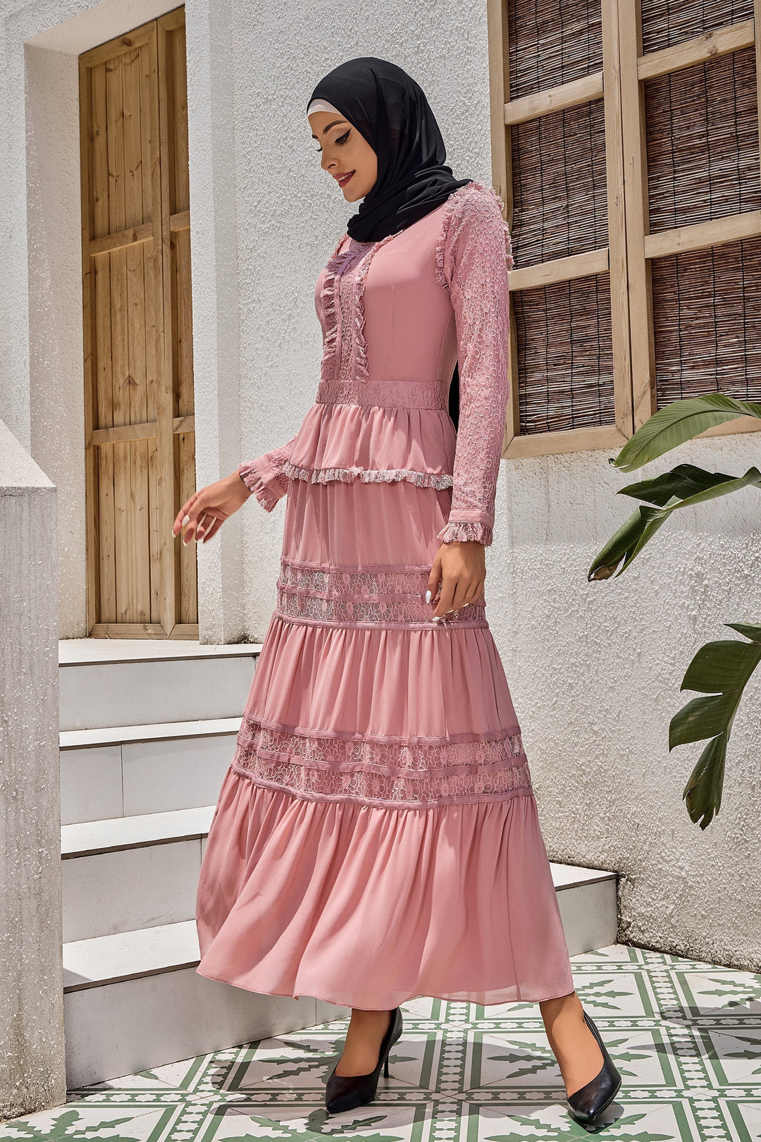 Pink Triple Tiered Lace Maxi Dress-CLEARANCE