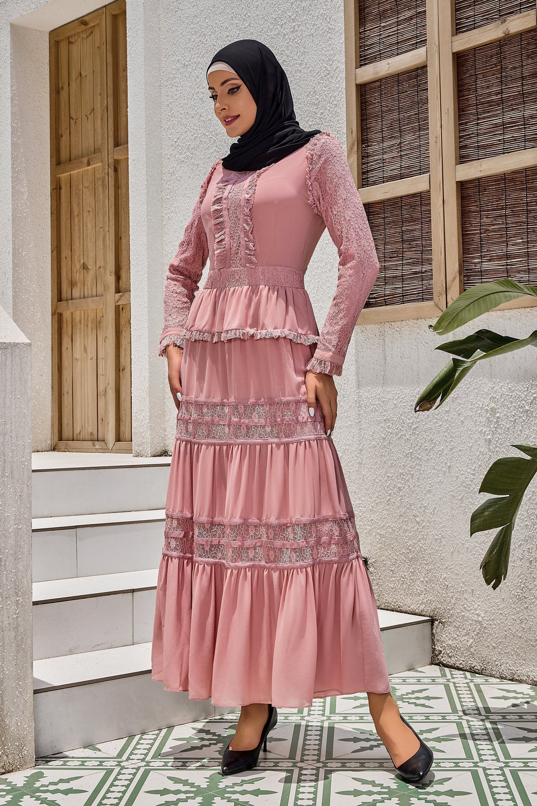 Pink Triple Tiered Lace Maxi Dress-CLEARANCE