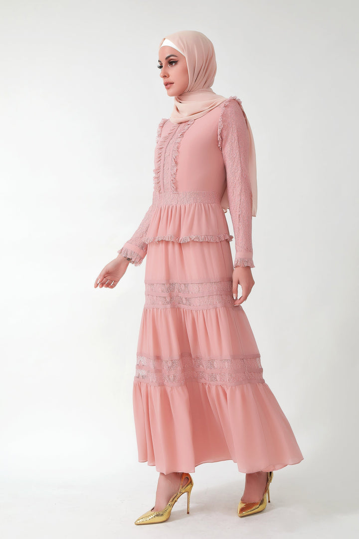 Pink Triple Tiered Lace Maxi Dress-CLEARANCE