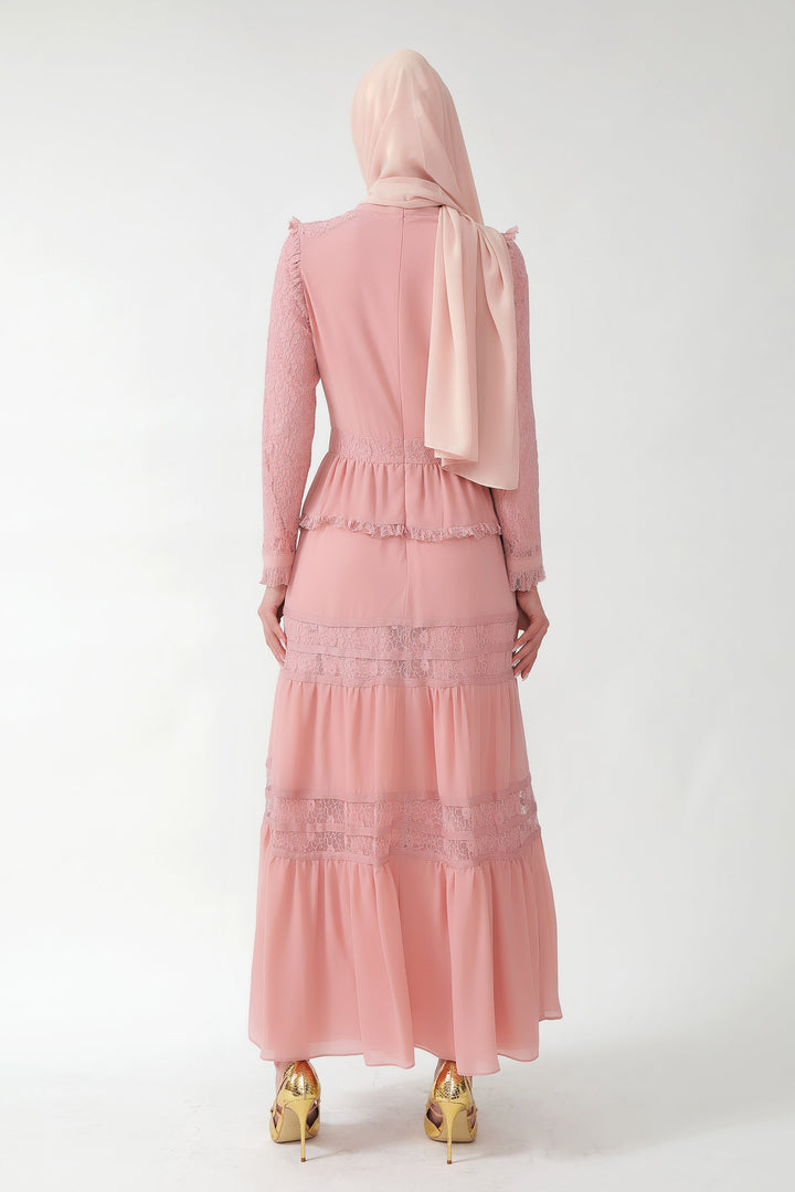 Pink Triple Tiered Lace Maxi Dress-CLEARANCE