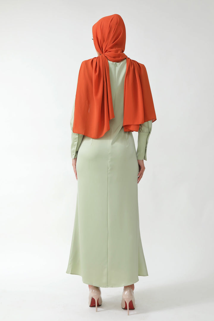 Pistachio Satin Long Sleeve Maxi Dress