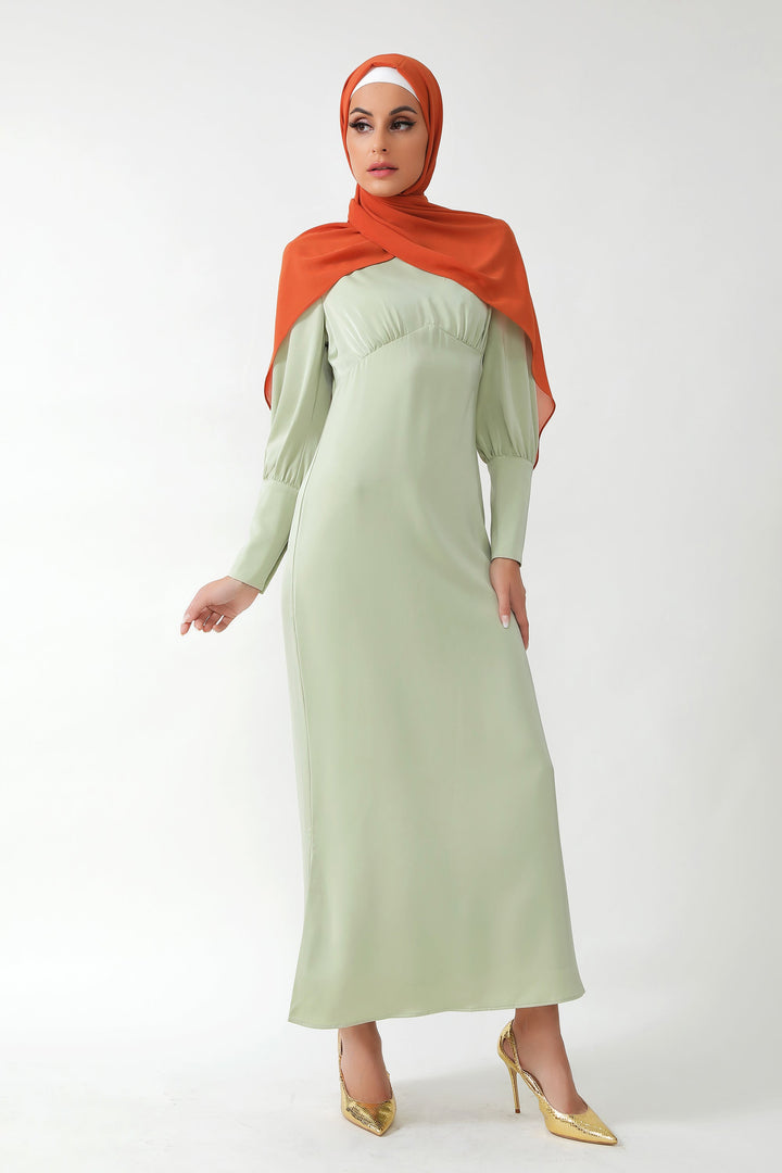 Pistachio Satin Long Sleeve Maxi Dress