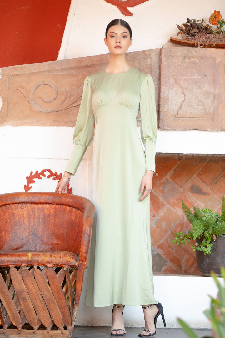 Pistachio Satin Long Sleeve Maxi Dress