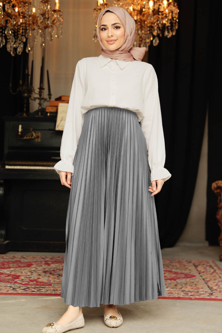 Pleated Metallic Maxi Skirt-CLEARANCE