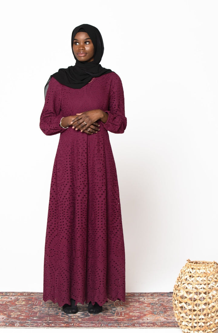 Plum Eyelet Long Sleeve Maxi Dress-CLEARANCE