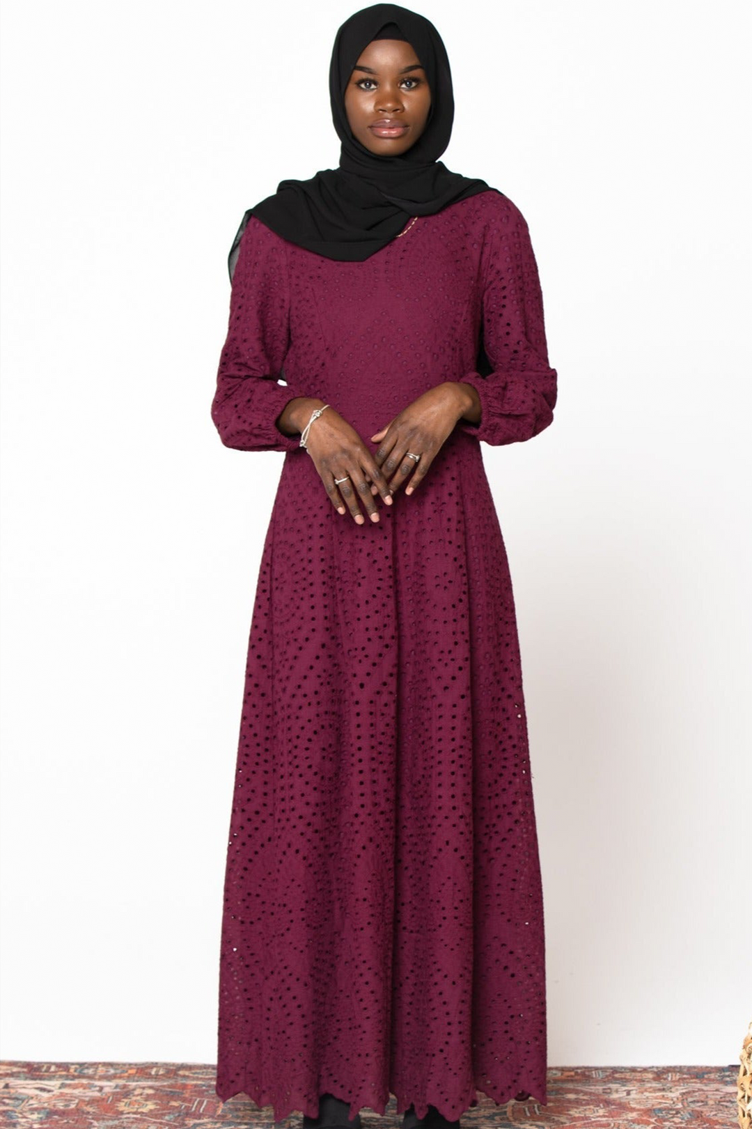 Plum Eyelet Long Sleeve Maxi Dress-CLEARANCE