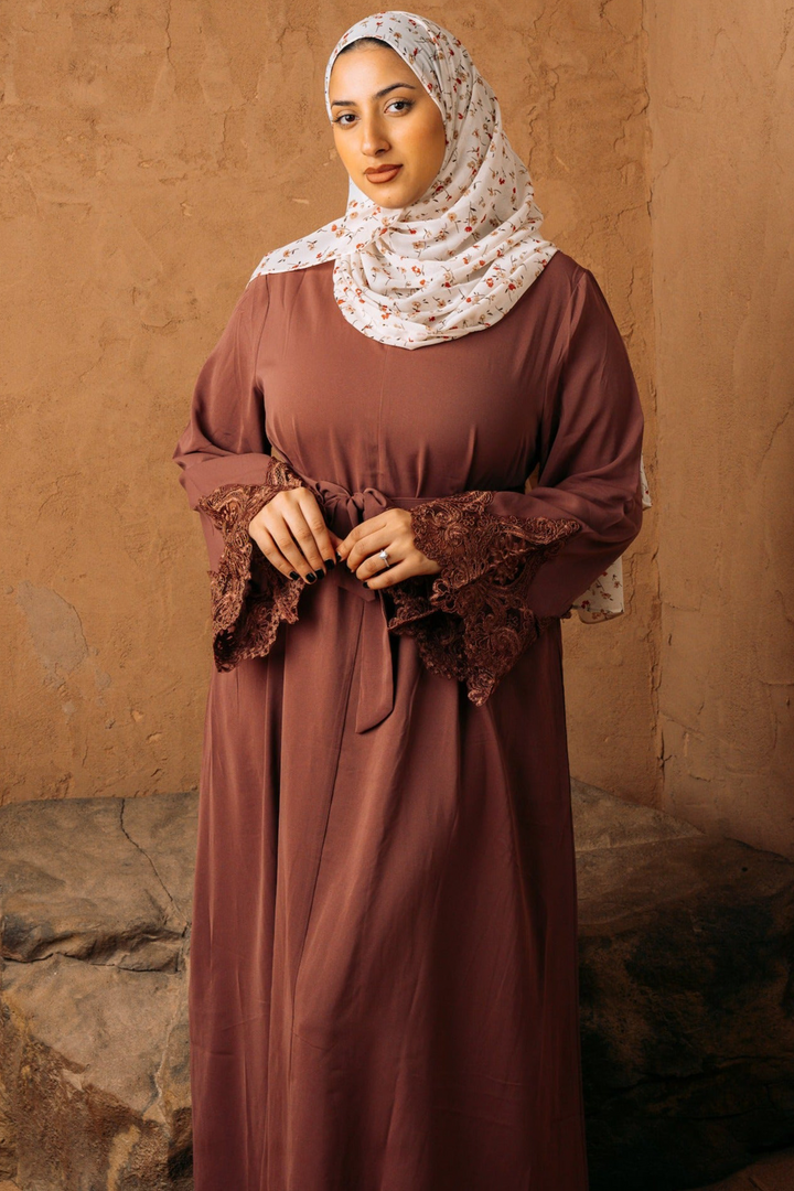 Purple Lace Sleeve Front Zipper Abaya Dress-CLEARANCE