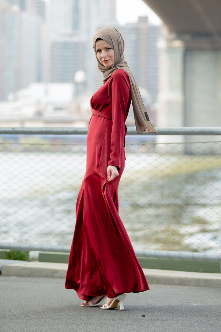 Red Criss Cross Satin Long Sleeve Maxi Dress