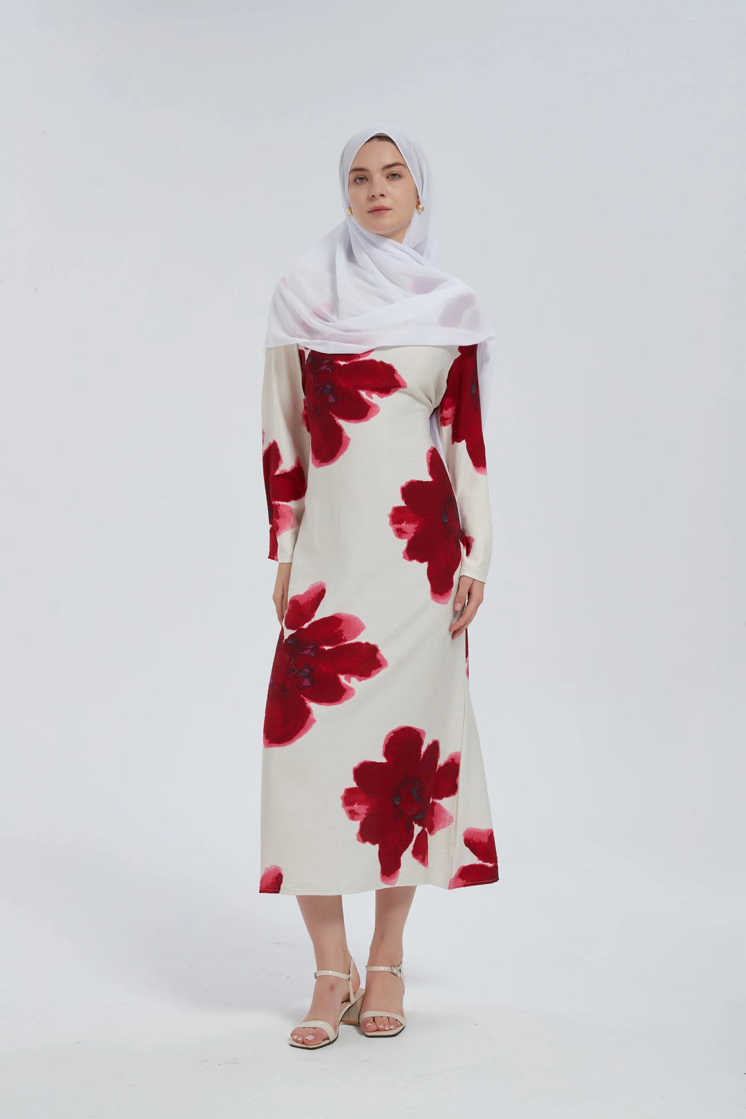 Red Hibiscus Kimono Sleeves Maxi Dress