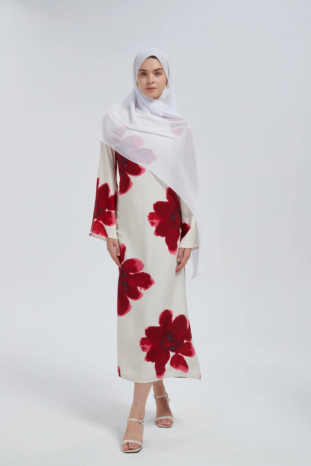 Red Hibiscus Kimono Sleeves Maxi Dress