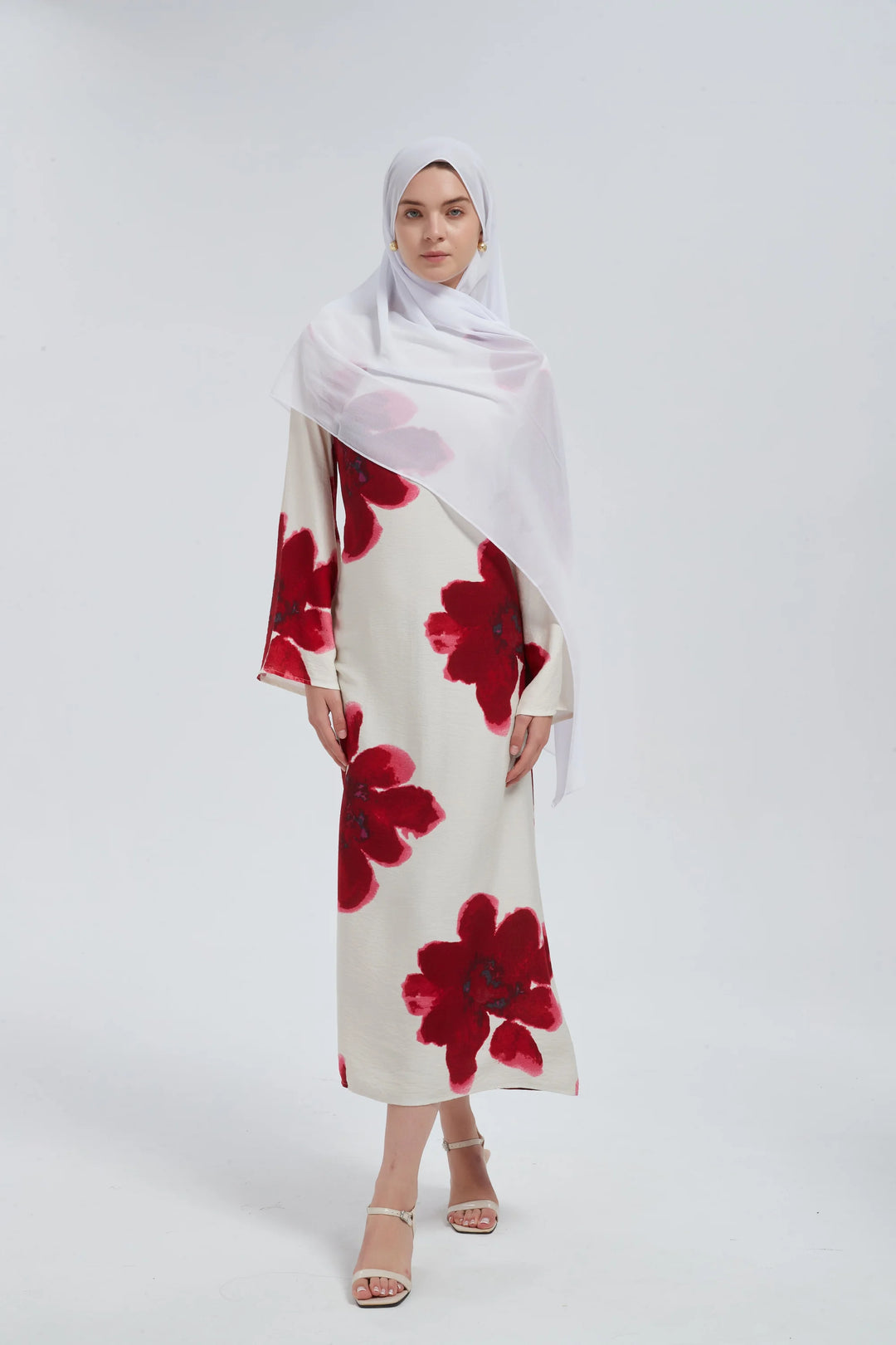 Red Hibiscus Kimono Sleeves Maxi Dress