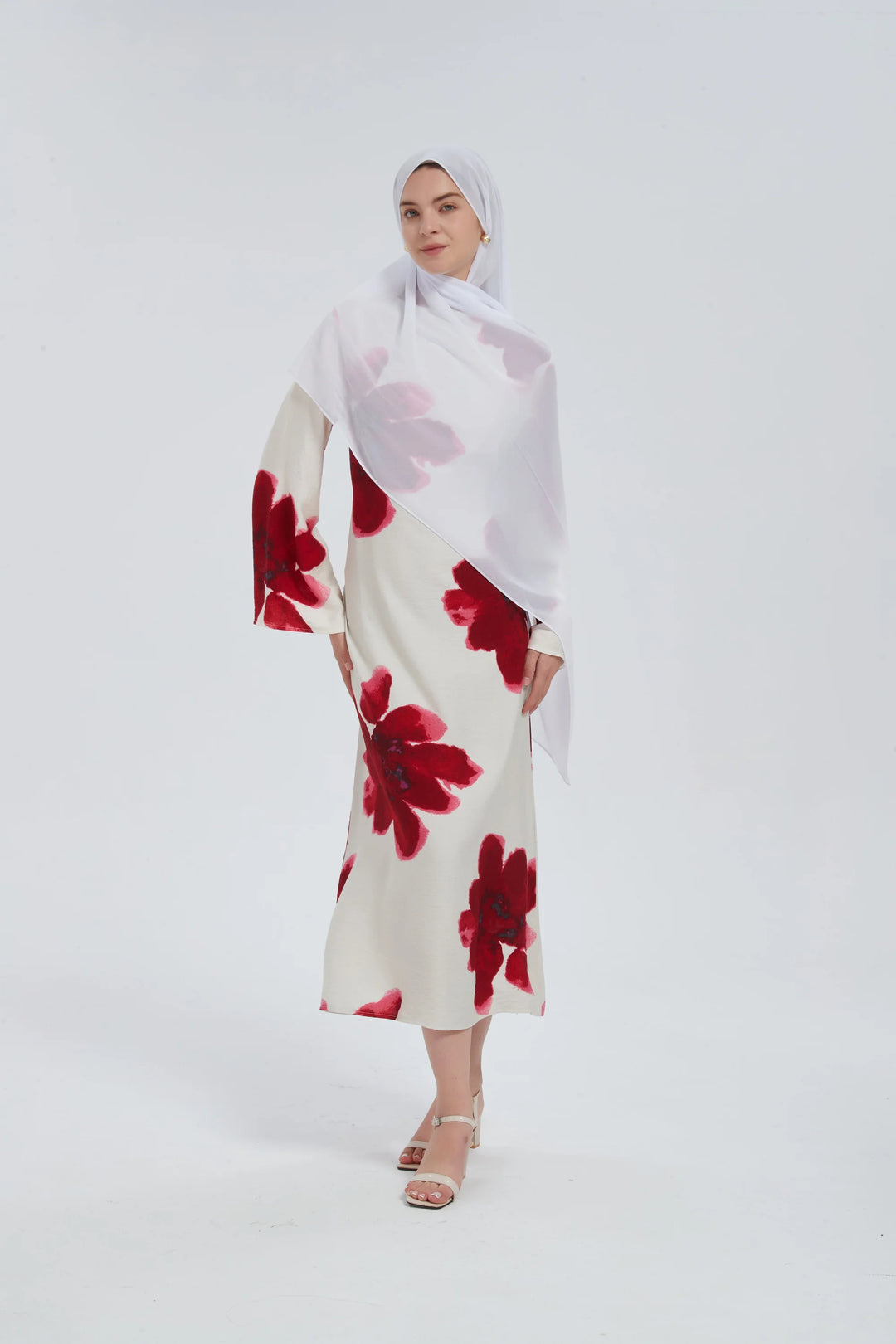 Red Hibiscus Kimono Sleeves Maxi Dress