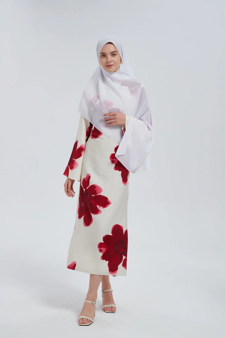 Red Hibiscus Kimono Sleeves Maxi Dress