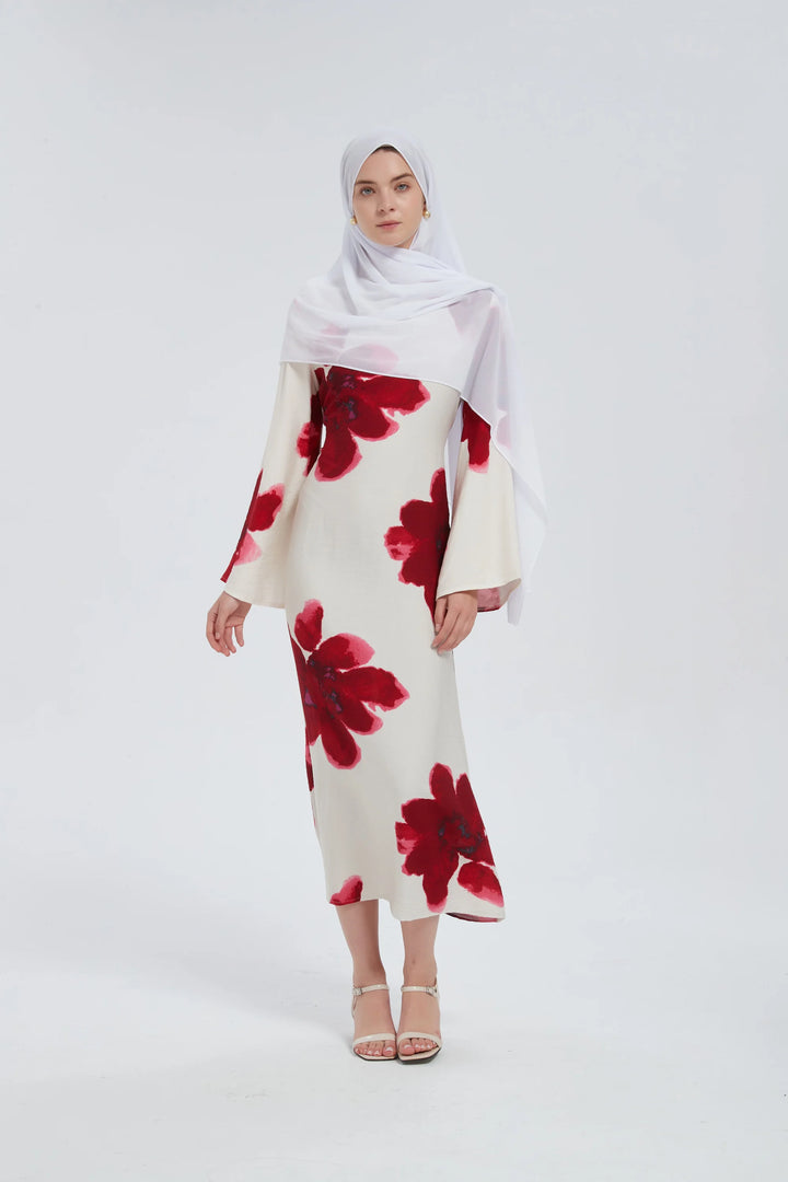 Red Hibiscus Kimono Sleeves Maxi Dress