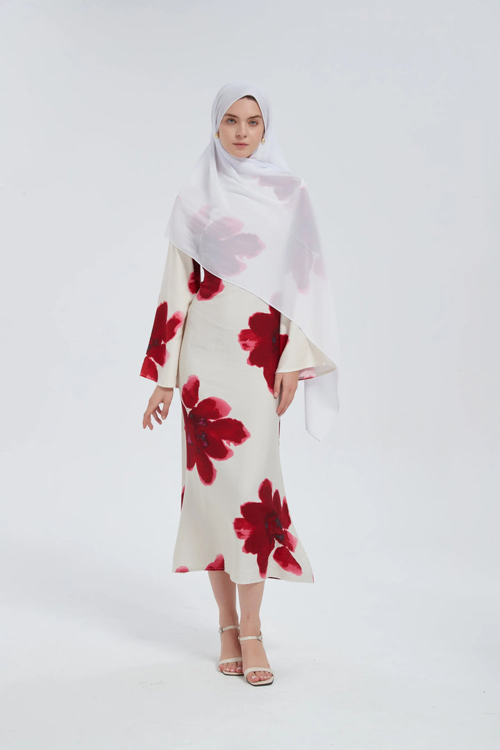 Red Hibiscus Kimono Sleeves Maxi Dress