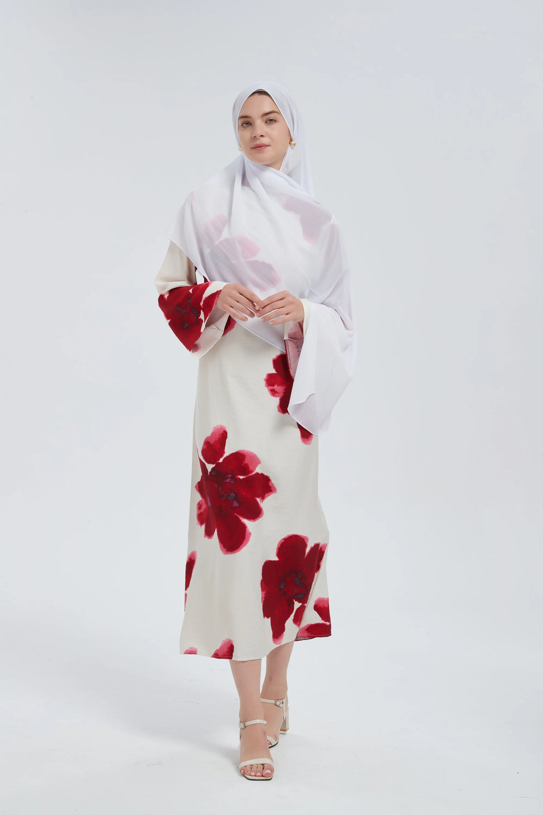 Red Hibiscus Kimono Sleeves Maxi Dress