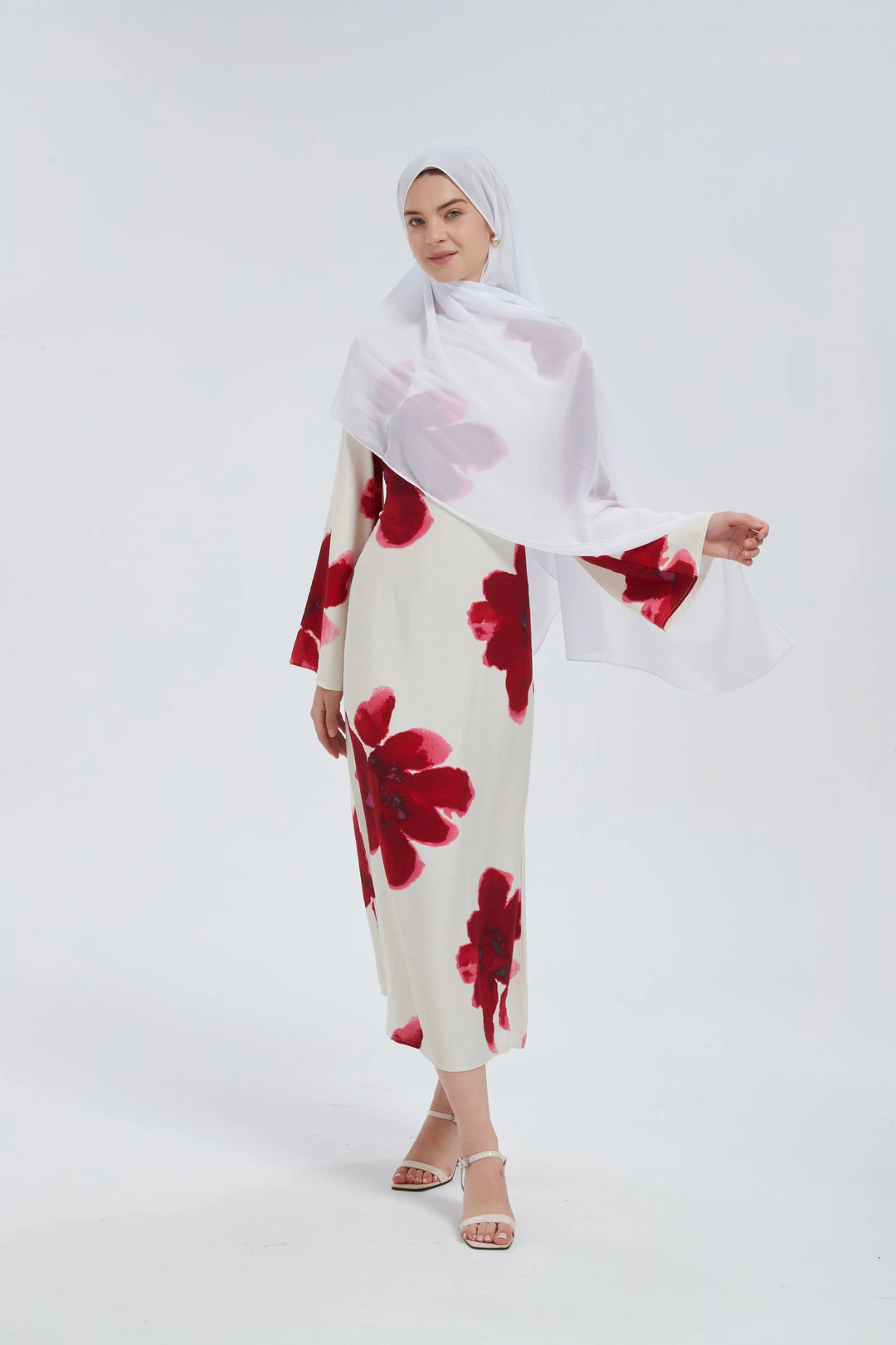 Red Hibiscus Kimono Sleeves Maxi Dress