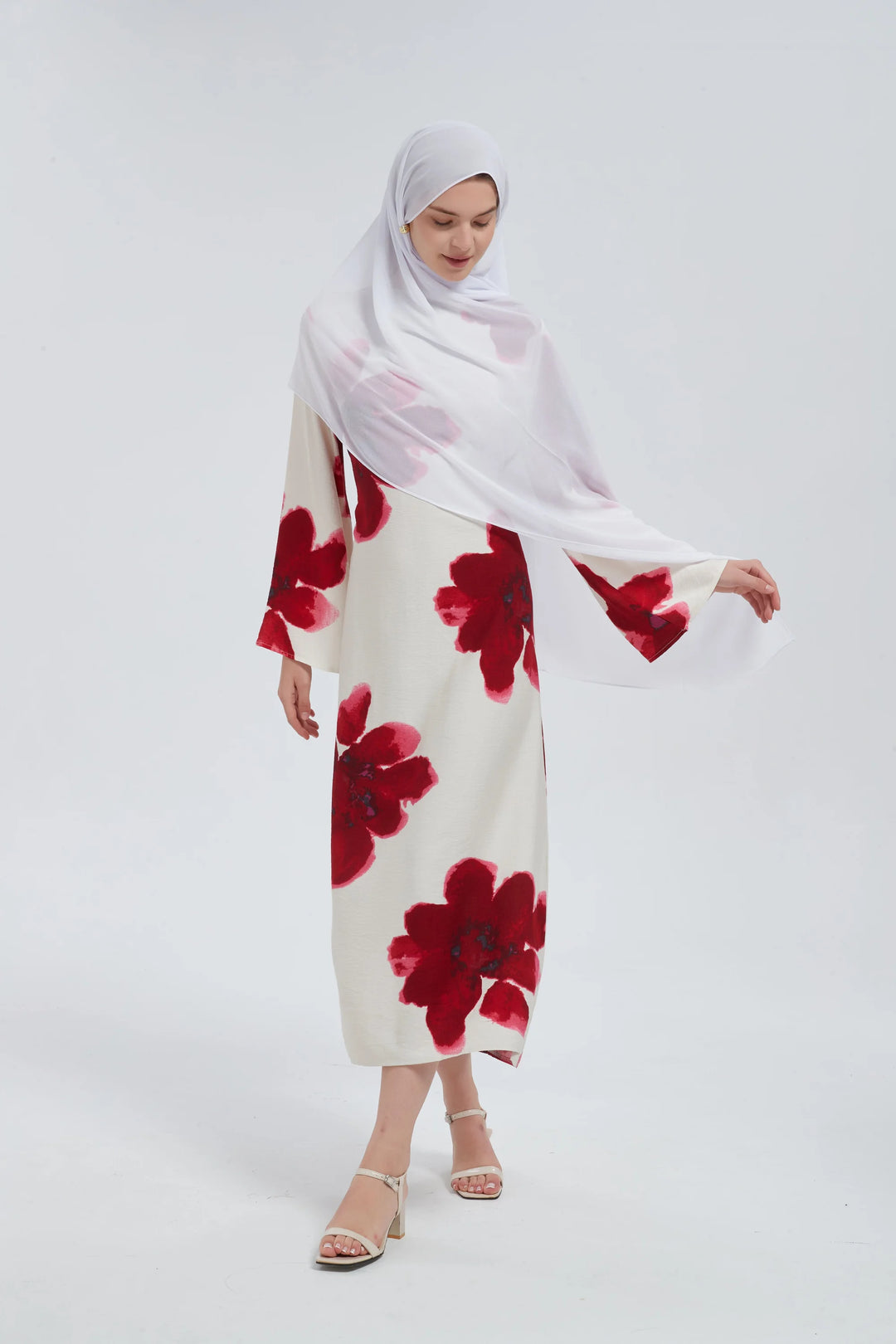 Red Hibiscus Kimono Sleeves Maxi Dress