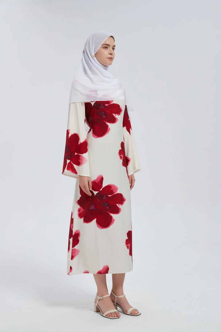 Red Hibiscus Kimono Sleeves Maxi Dress