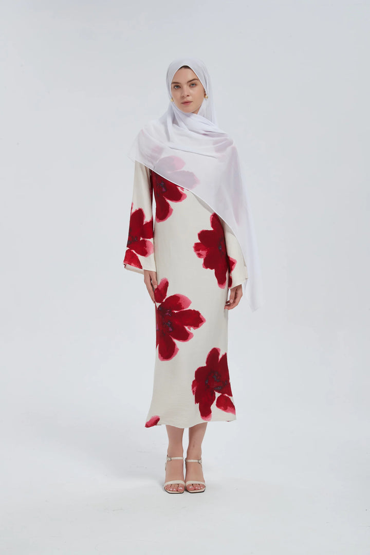 Red Hibiscus Kimono Sleeves Maxi Dress