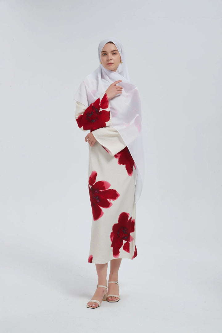 Red Hibiscus Kimono Sleeves Maxi Dress