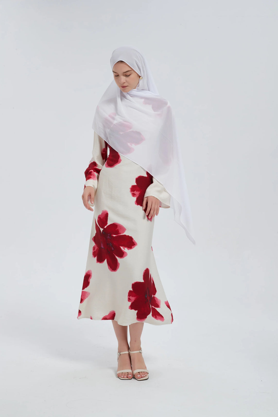 Red Hibiscus Kimono Sleeves Maxi Dress