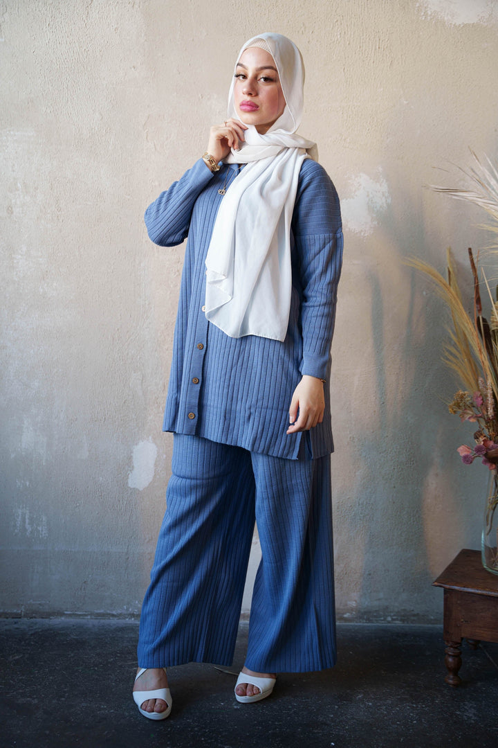 Ribbed Button Down Tunic and Pants Set - Urban Modesty