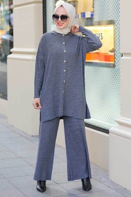 Ribbed Button Down Tunic and Pants Set - Urban Modesty