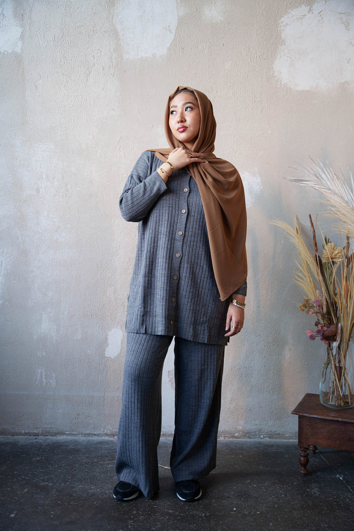 Ribbed Button Down Tunic and Pants Set - Urban Modesty