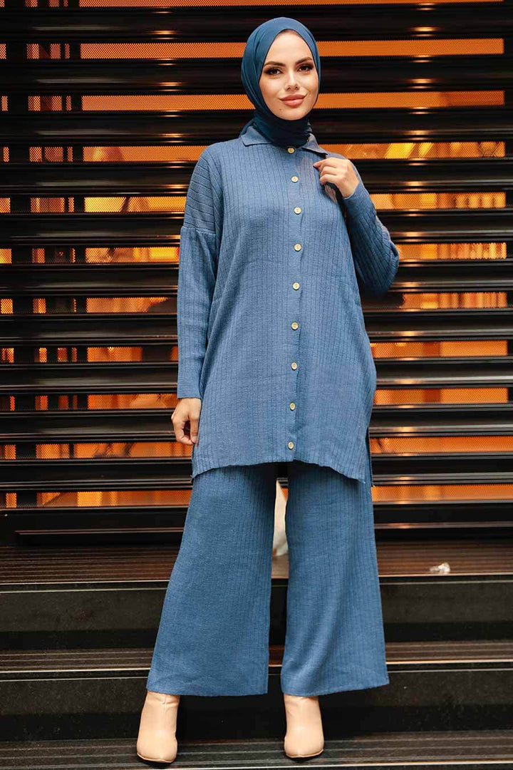 Ribbed Button Down Tunic and Pants Set - Urban Modesty