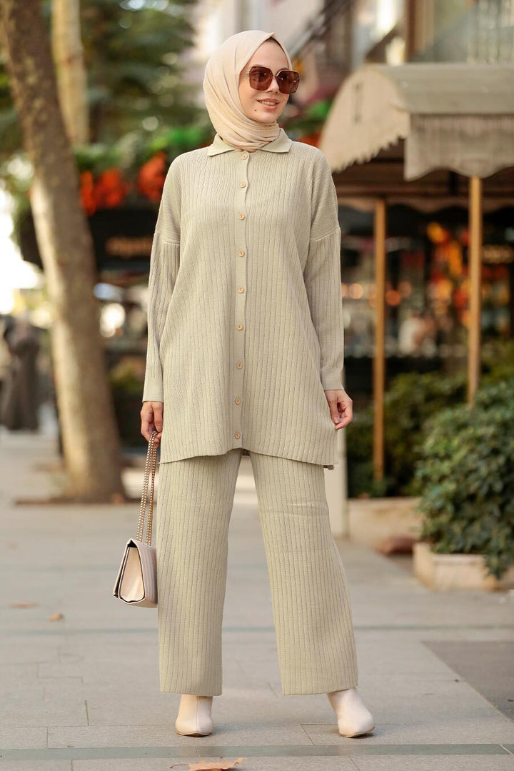 Ribbed Button Down Tunic and Pants Set - Urban Modesty