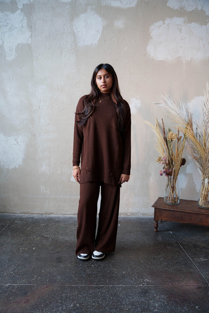 Brown Ribbed Pocket Tunic and Pants Set - Urban Modesty