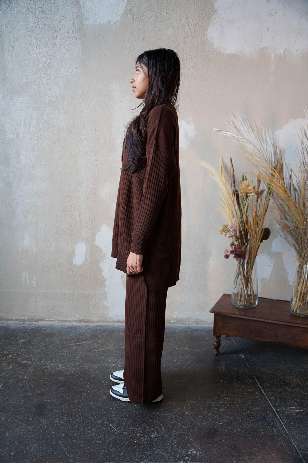 Brown Ribbed Pocket Tunic and Pants Set - Urban Modesty