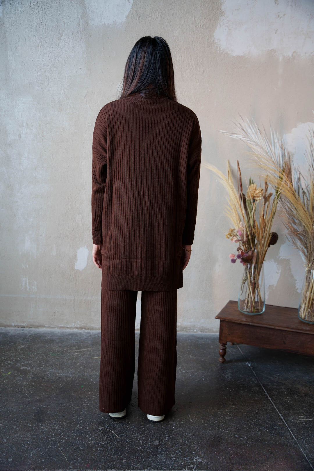 Brown Ribbed Pocket Tunic and Pants Set - Urban Modesty