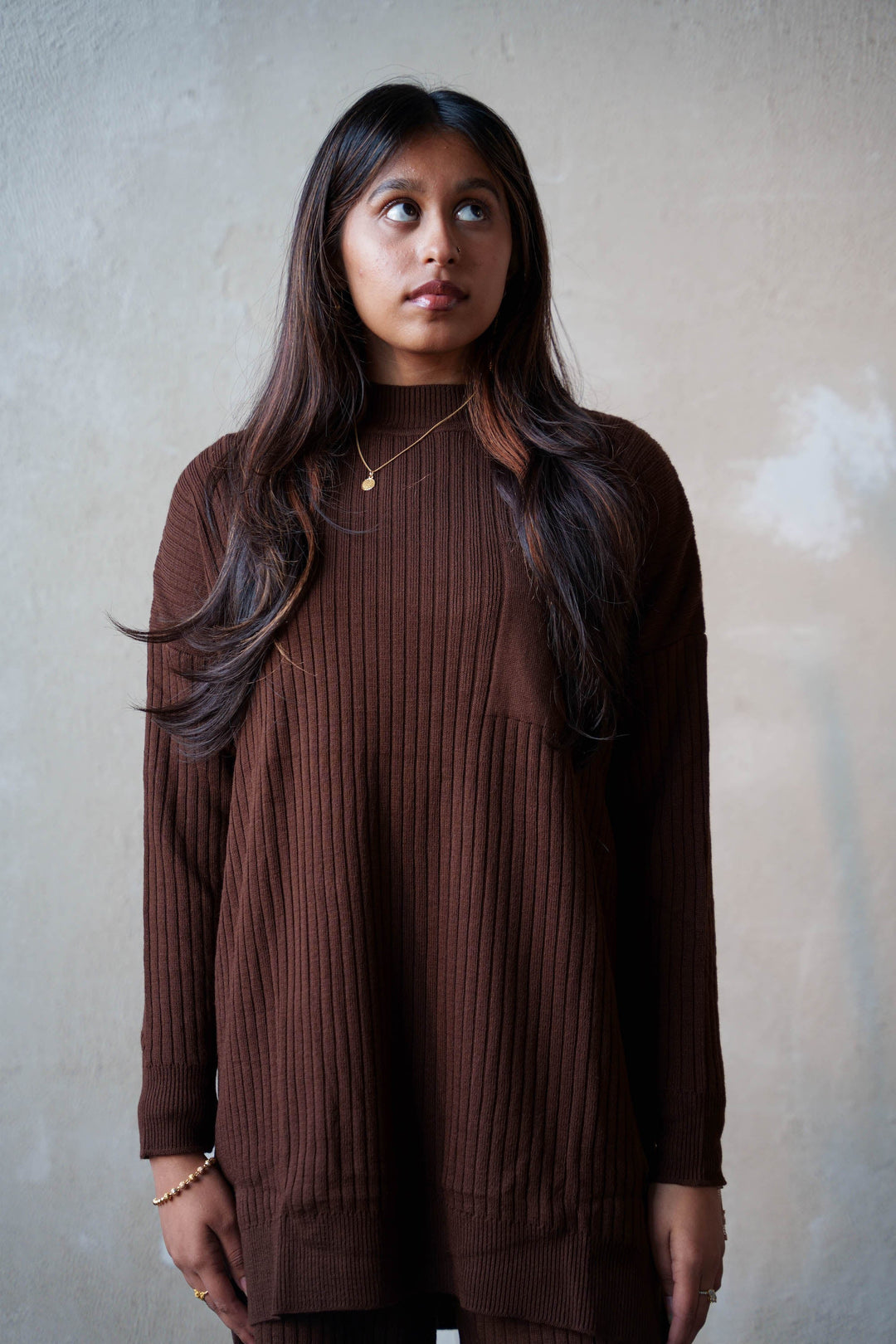 Brown Ribbed Pocket Tunic and Pants Set - Urban Modesty