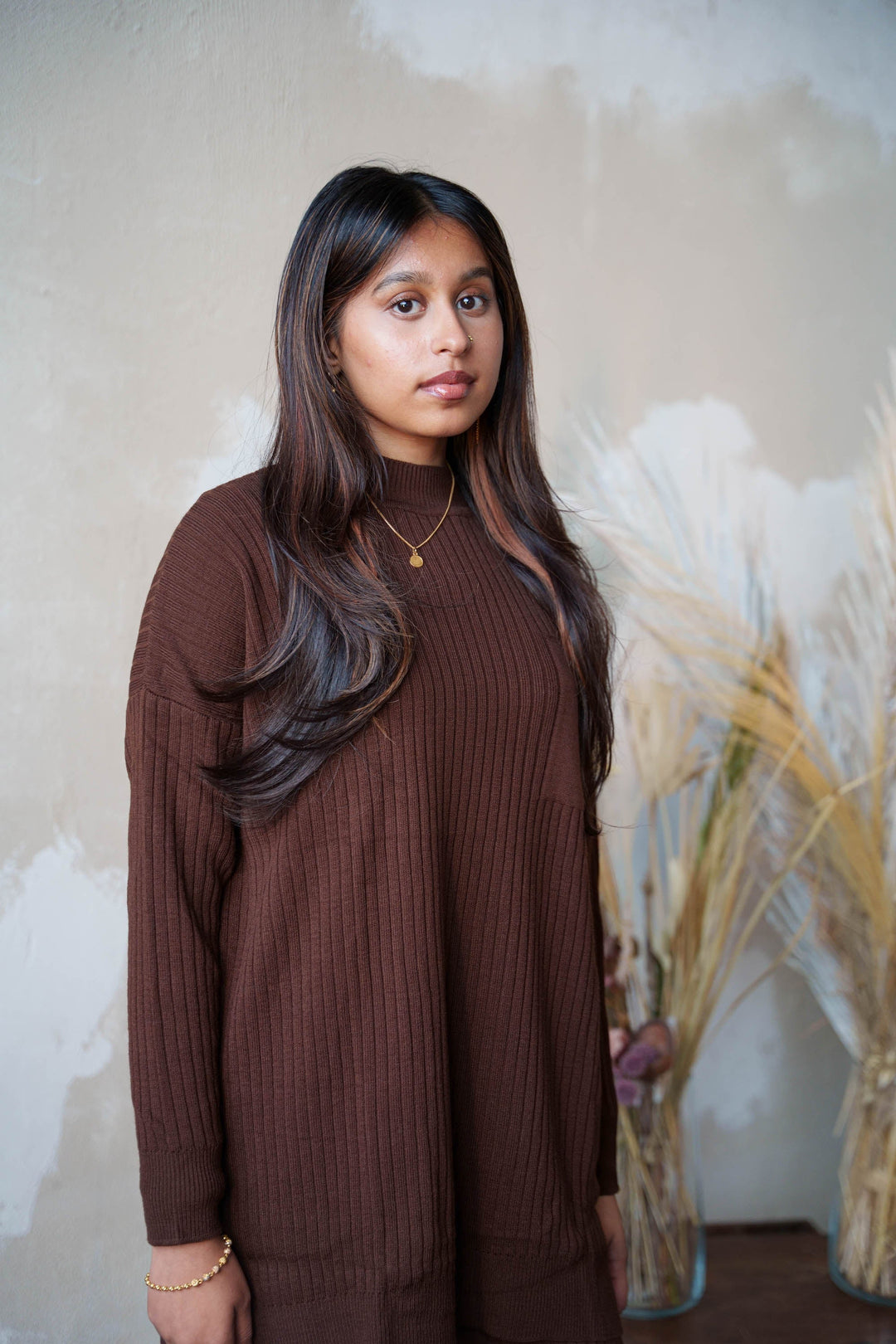 Brown Ribbed Pocket Tunic and Pants Set - Urban Modesty