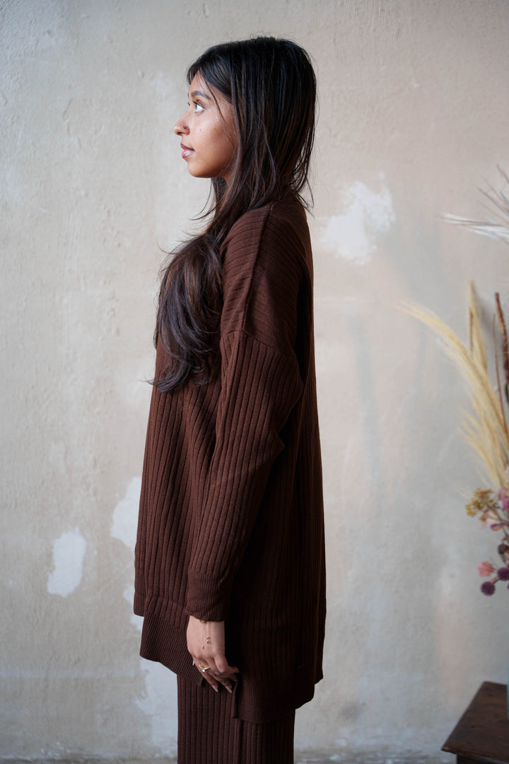 Brown Ribbed Pocket Tunic and Pants Set - Urban Modesty