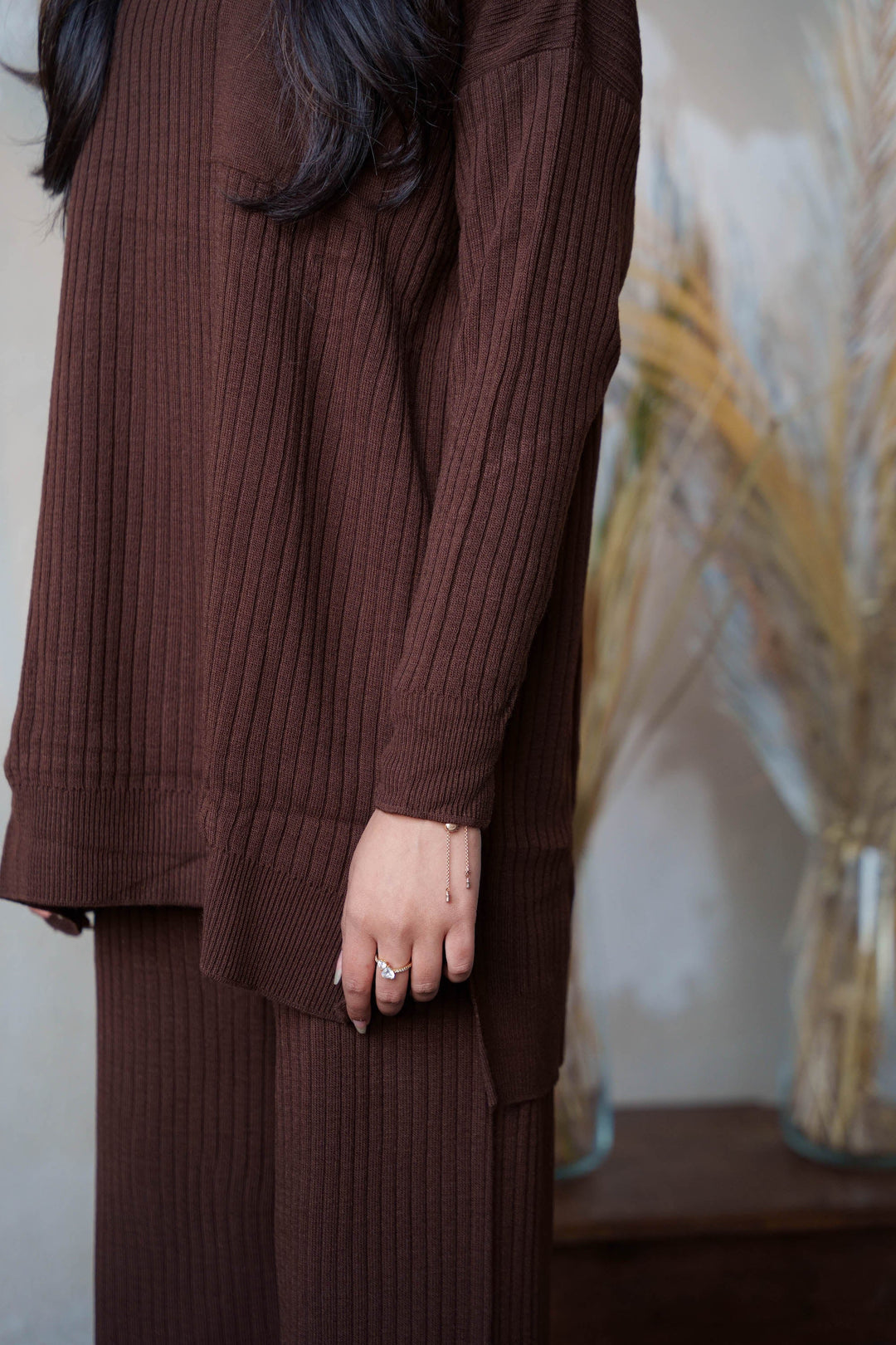 Brown Ribbed Pocket Tunic and Pants Set - Urban Modesty