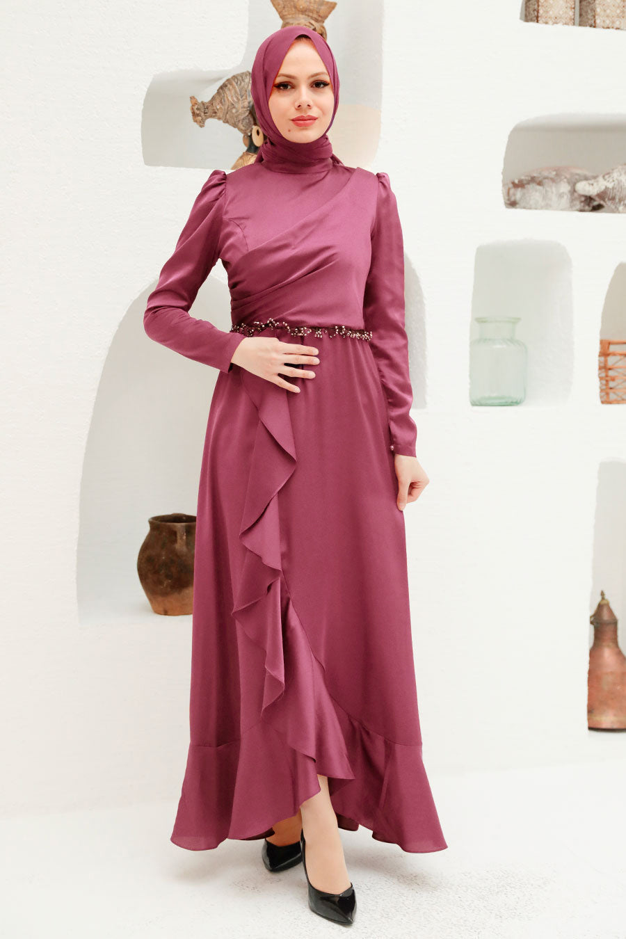 Rose Ruffle Satin Gown - Urban Modesty