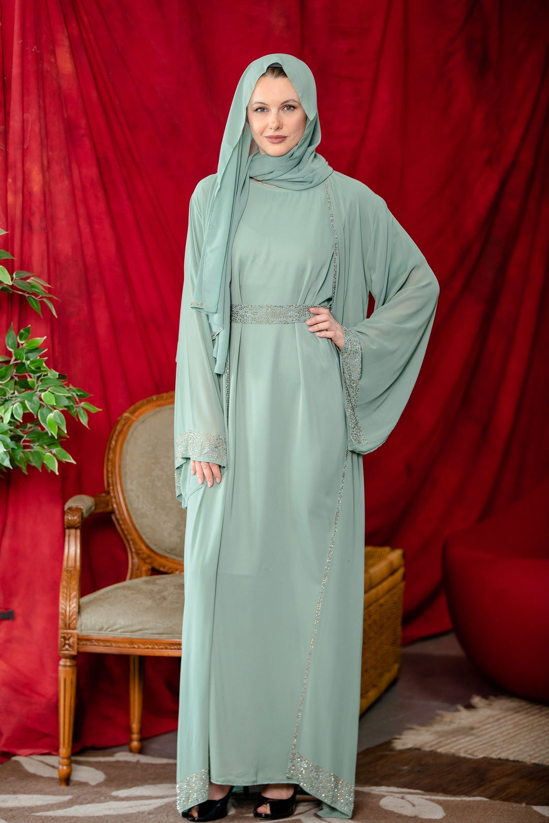 Sage Beaded Kimono Sleeves Abaya-PREORDER