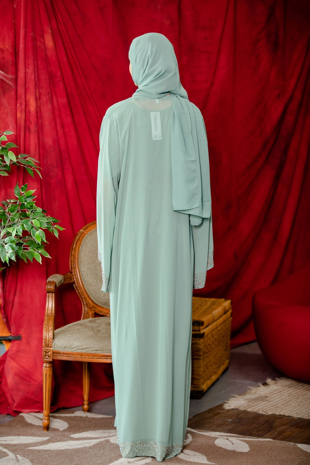 Sage Beaded Kimono Sleeves Abaya-PREORDER