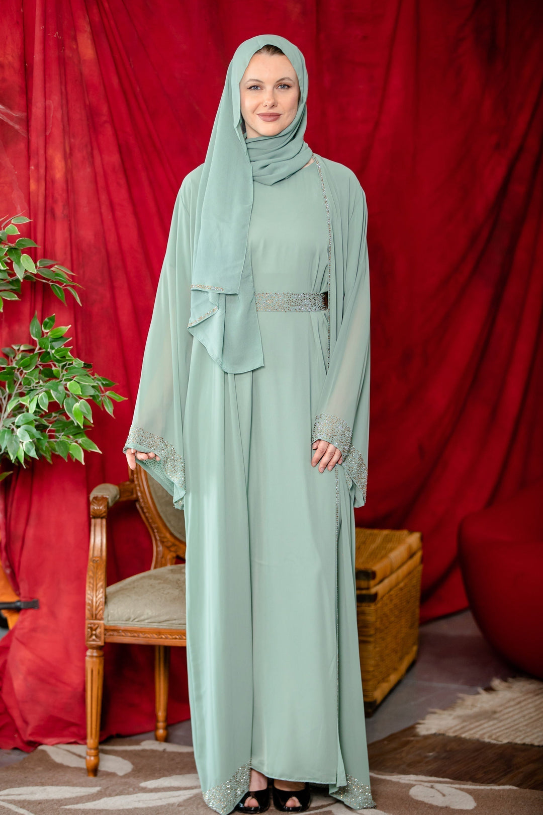 Sage Beaded Kimono Sleeves Abaya-PREORDER