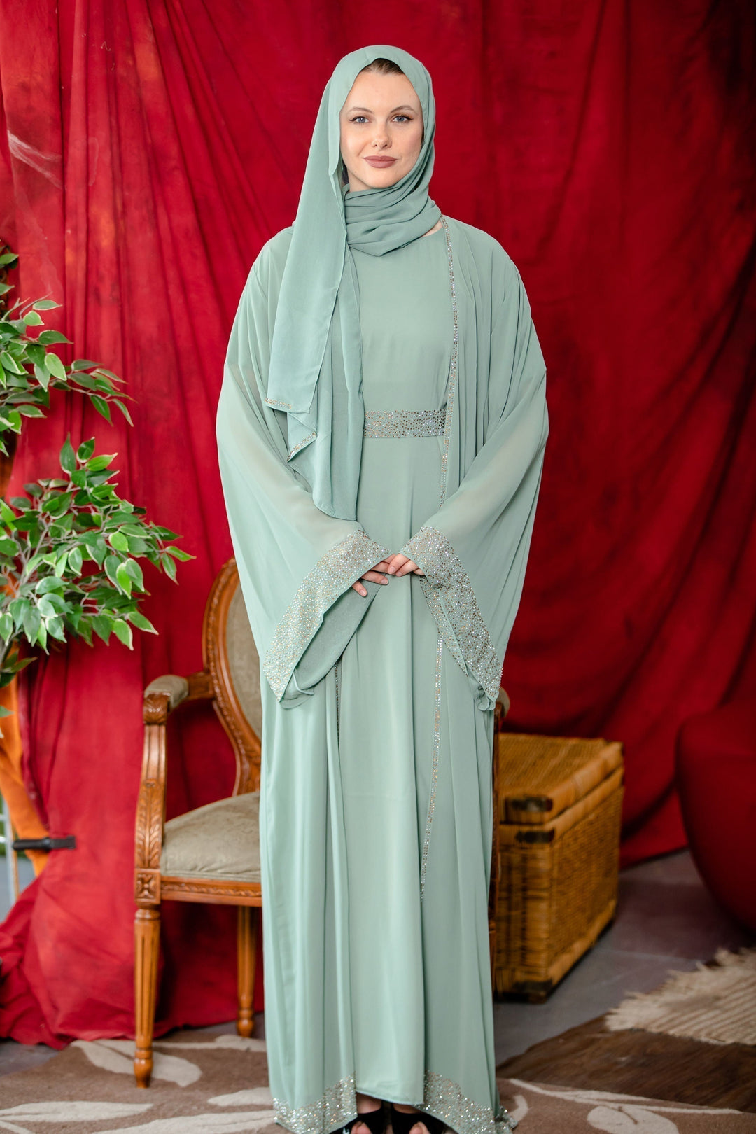 Sage Beaded Kimono Sleeves Abaya Set