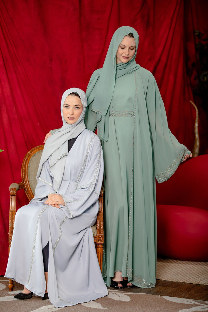 Sage Beaded Kimono Sleeves Abaya Set