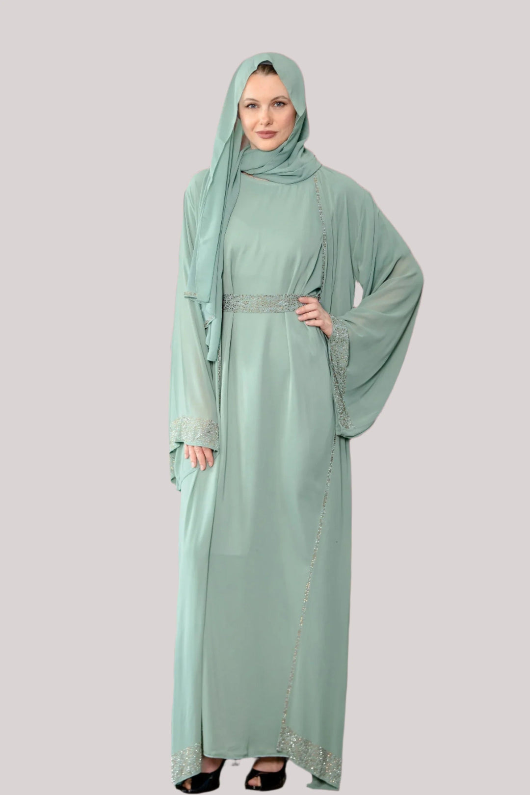 Sage Beaded Kimono Sleeves Abaya Set