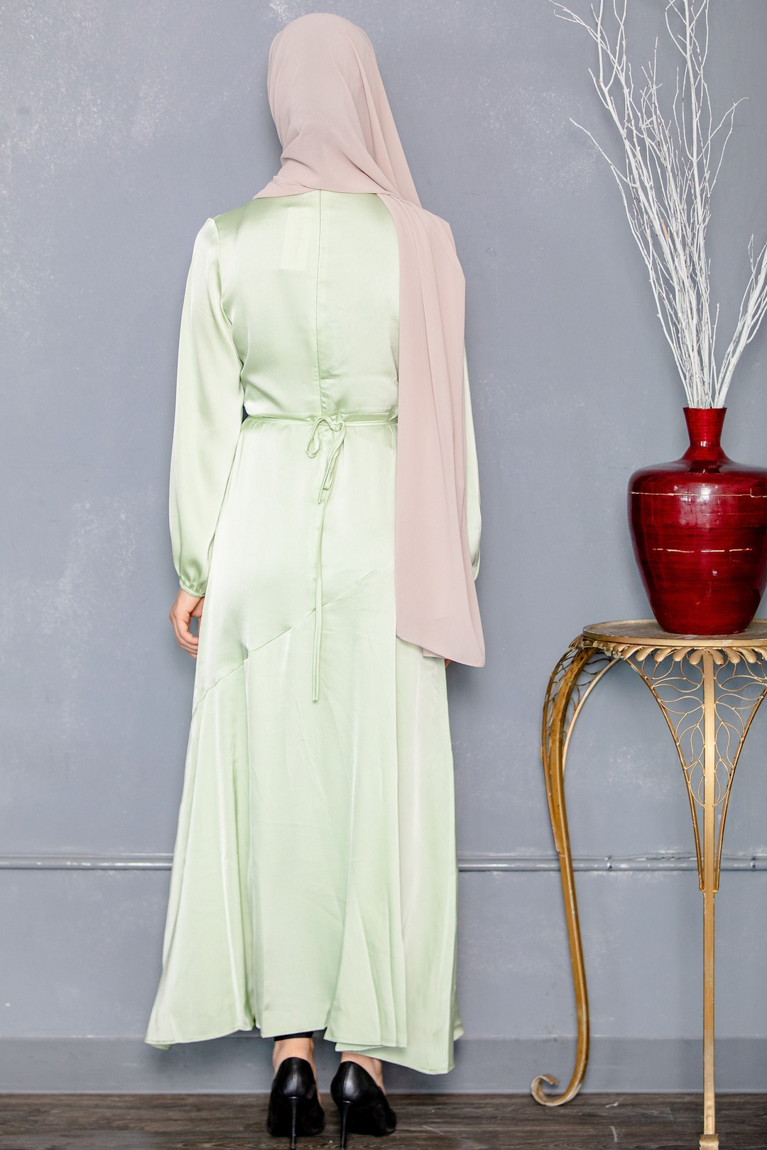 Sage Green Satin Long Sleeve Maxi Dress-CLEARANCE