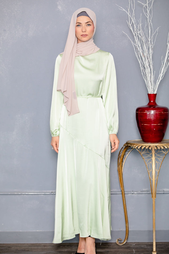 Sage Green Satin Long Sleeve Maxi Dress-CLEARANCE